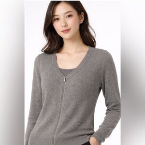 TALBOTS Gray V-Neck Zip Front Sweater Silver Beaded Embellishment Womens Size XL